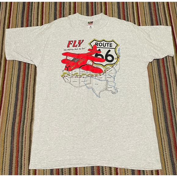 Vintage Other - Vintage 90s Route 66 Retro Airplane T-Shirt XL 1992 Map Rt 66 Grey‎
